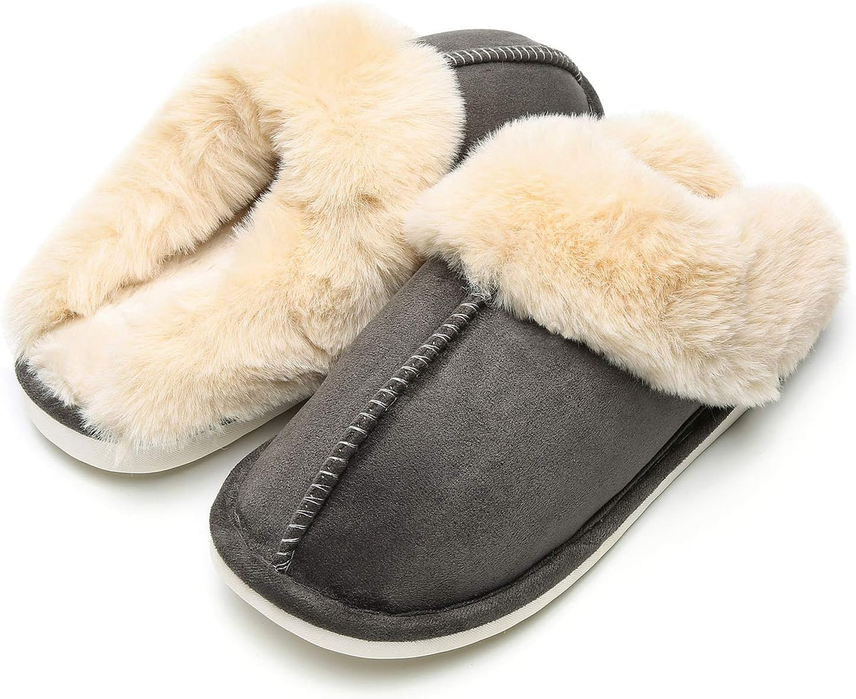 Epsion Womens Winter Warm Slipper Faux Fur Fluffy Slip-On House Slippers Suede Plush Lined/Anti-Skid Sole Indoor Outdoor