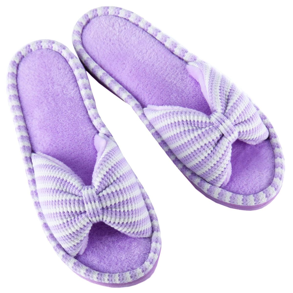 DL Women's Memory Foam Open Toe Slide Slippers with Cute Bow and Cozy Terry Lining, Slip-on House Shoes Spa Mules Sandals with Indoor Outdoor Rubber Sole