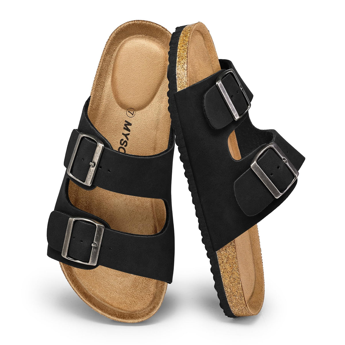 mysoft Womens Flat Sandals Cork Footbed Slides with 2 Straps