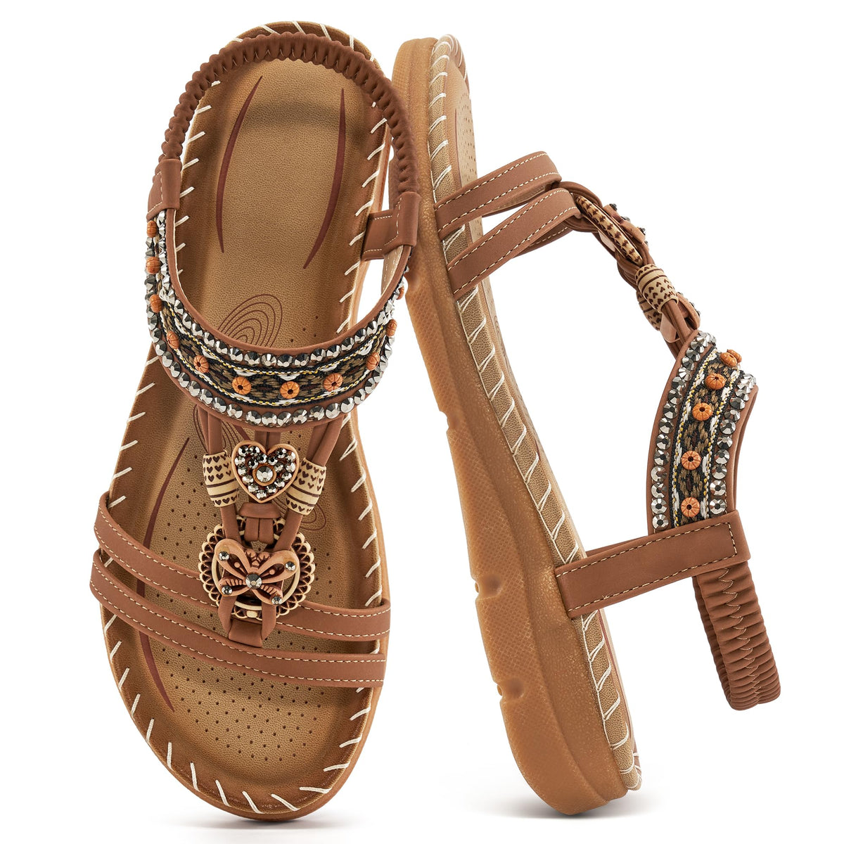 Aomigoct Sandals Women Flat Shoes: Dressy Summer Bohemian Flats Shoes for Women Sandals Comfortable Ankle Strap Outdoor Walking