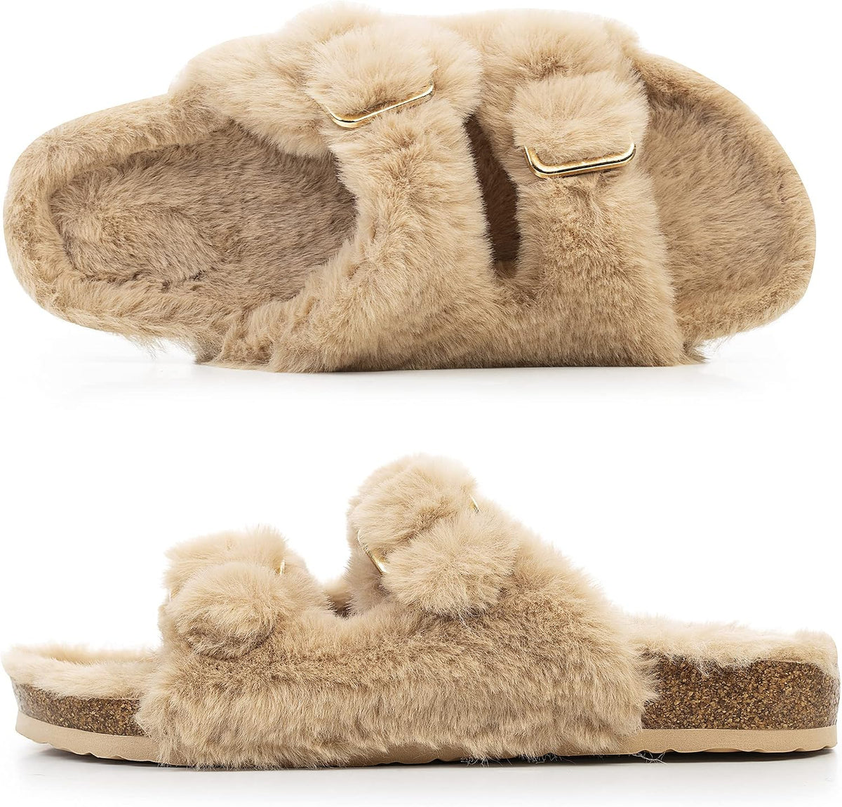 FITORY Womens Open Toe Slippers,Faux Rabbit Fur Cork Slides Sandals