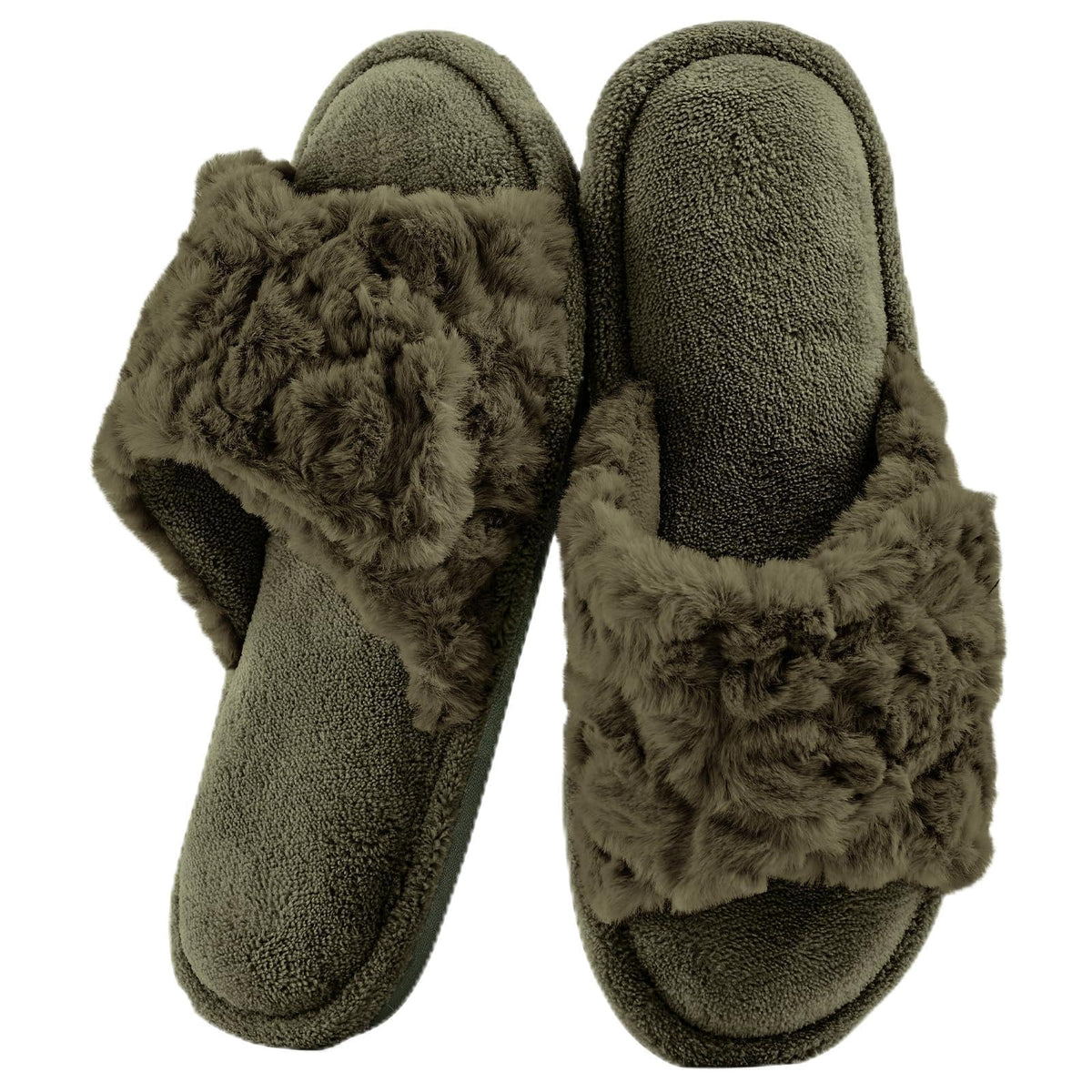 HUXMEYSON Slippers for Women, Open Toe Memory Foam House Shoes with Adjustable Strap, Cozy Faux Fur & Anti-Slip Indoor Outdoor TPR Soles