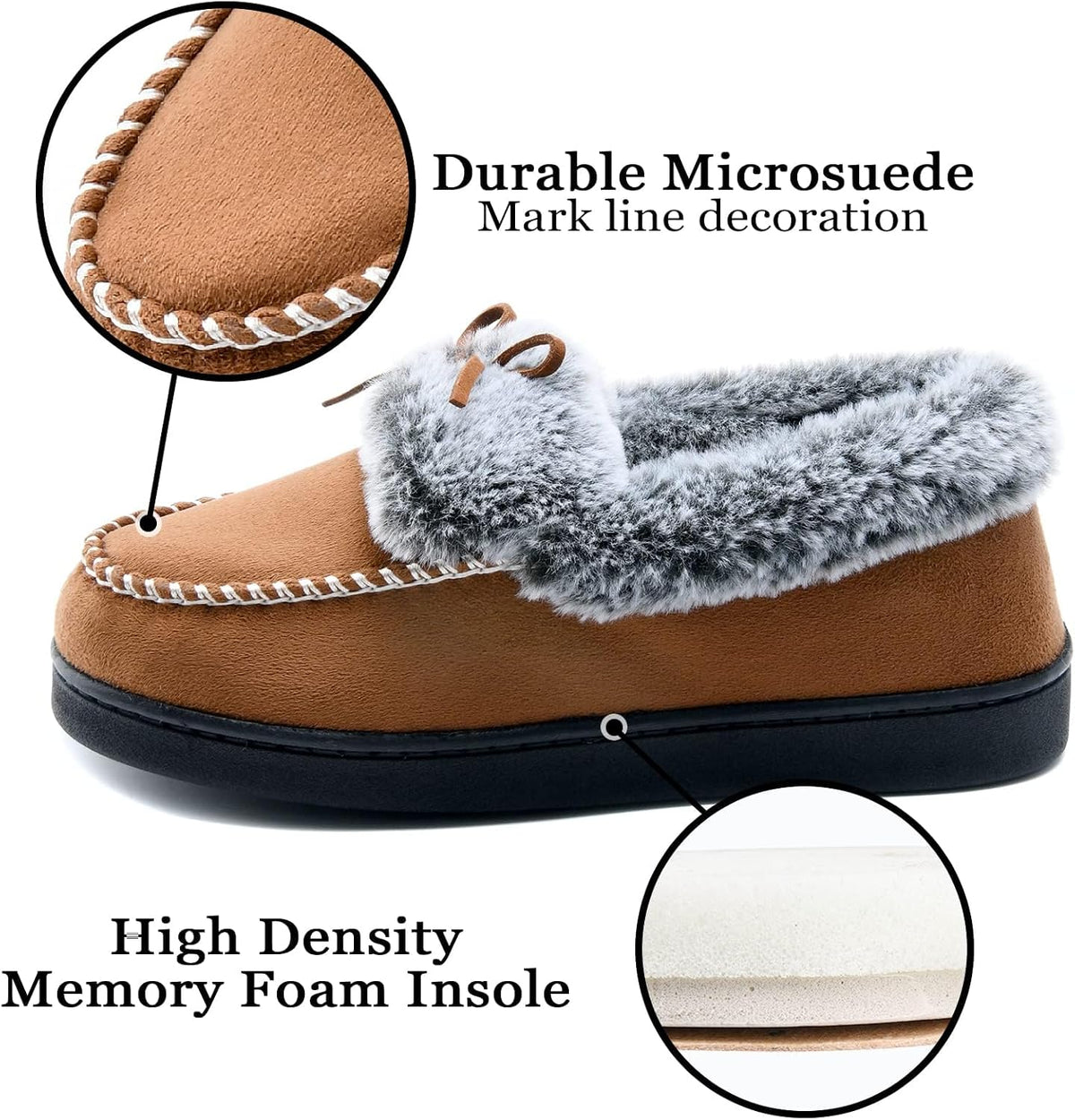 DL Womens Fuzzy Warm Moccasin Slippers Memory Foam, Soft Fluffy Women's Winter House Slipper Closed Back Fur Lined, Cozy Ladies Suede Indoor Bedroom Houseshoes Non-Slip