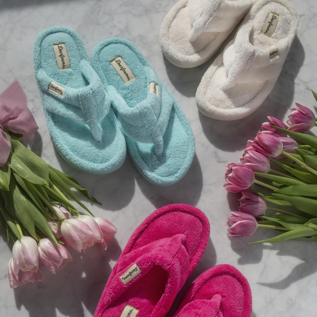Dearfoams Women's Melanie Thong Slide Memory Foam Terry Sandal Summer House Slippers