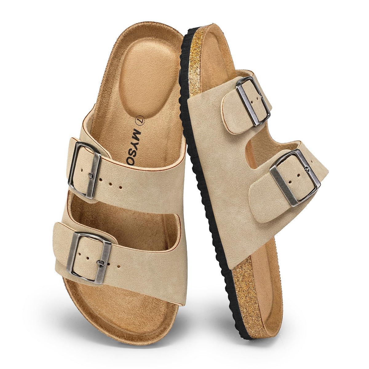 mysoft Womens Flat Sandals Cork Footbed Slides with 2 Straps