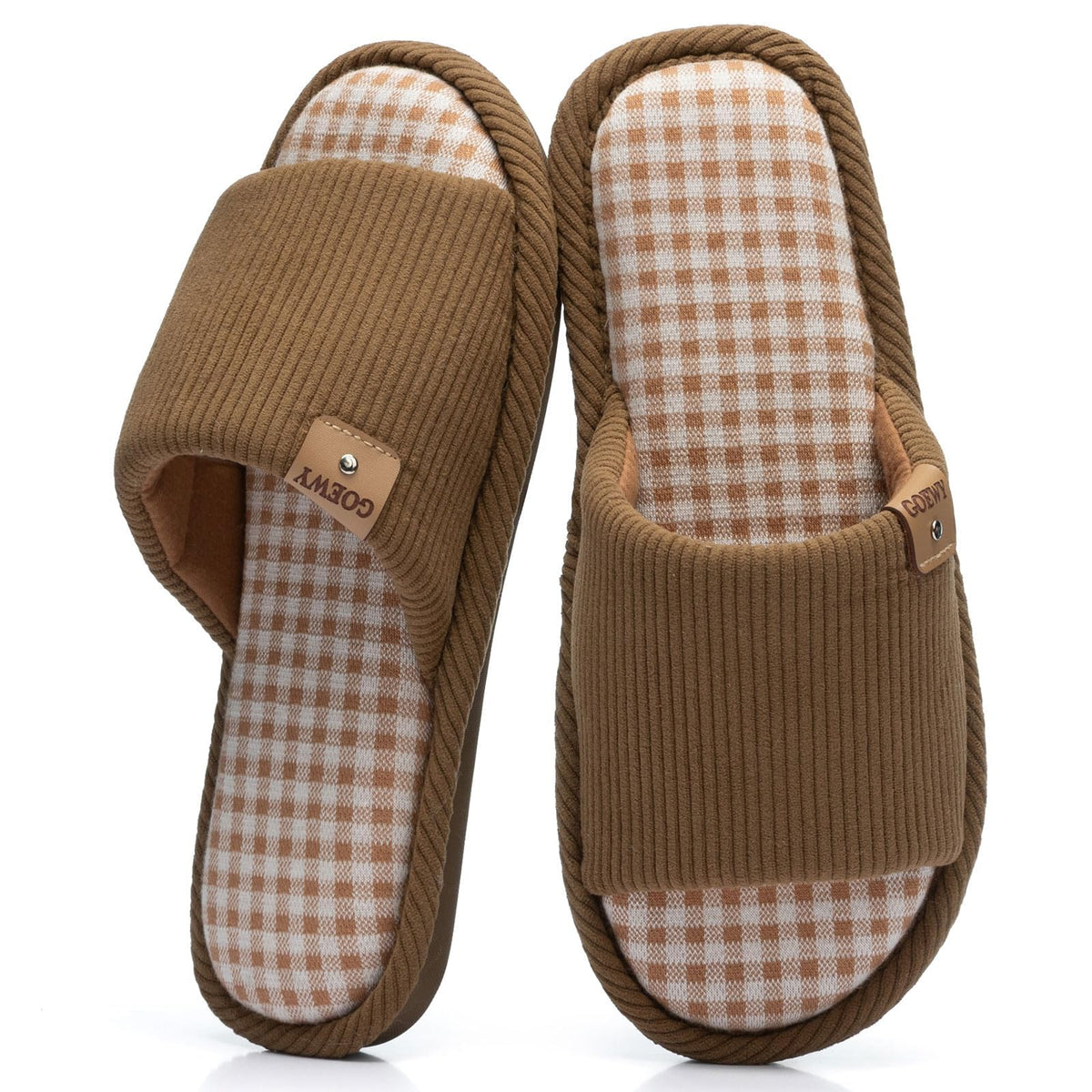 GOEWY Open Toe Corduroy Slippers for Women Memory Foam Casual House Shoes