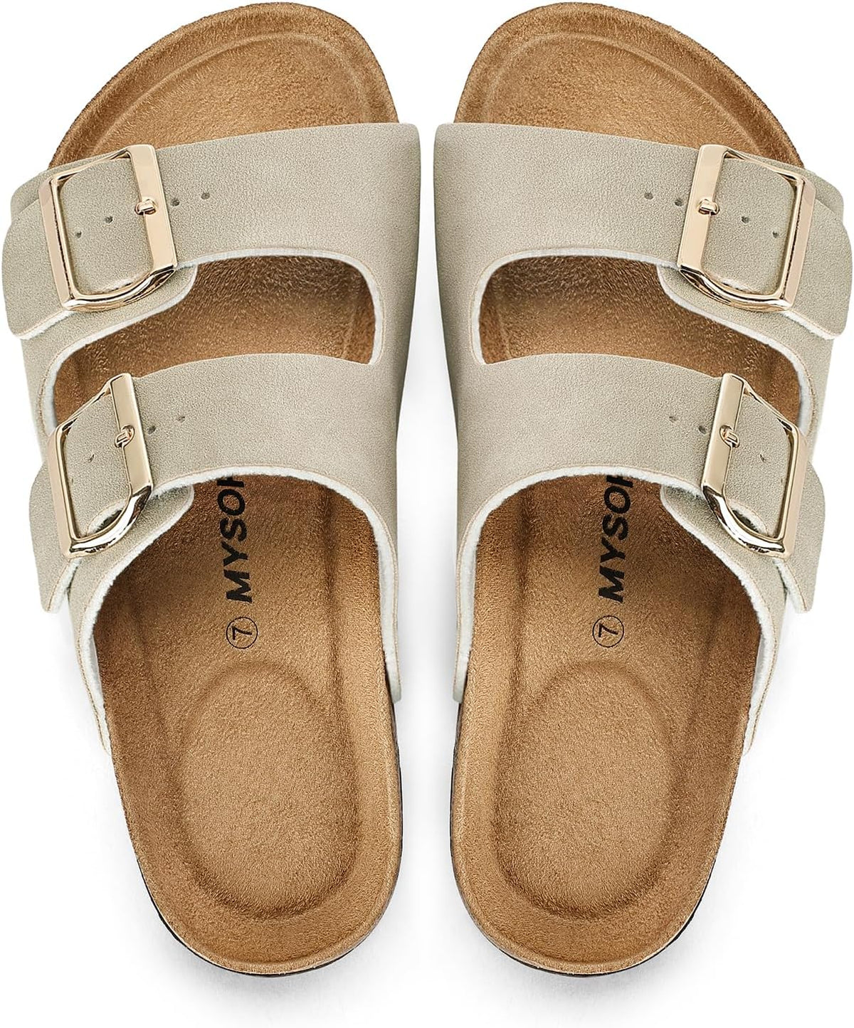 mysoft Womens Flat Sandals Cork Footbed Slides with 2 Straps