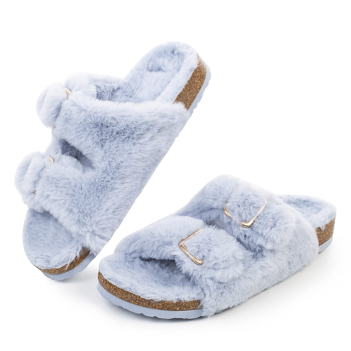 FITORY Womens Open Toe Slippers,Faux Rabbit Fur Cork Slides Sandals
