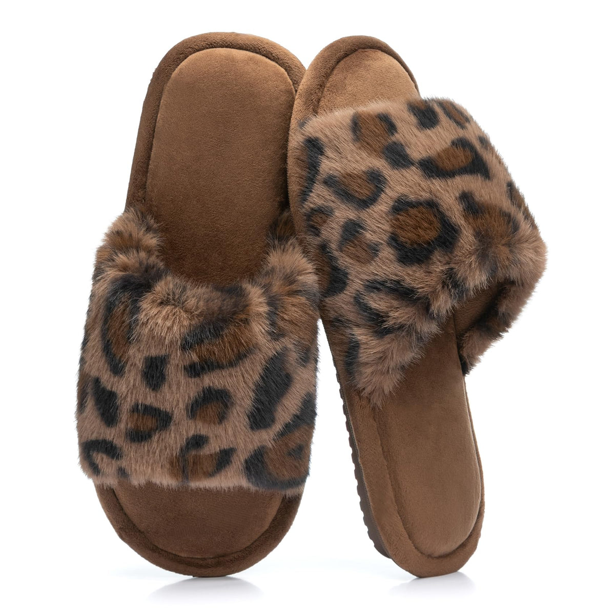 GOEWY Women's Fuzzy Open-Toe House Slippers with Memory Foam -Leopard Print