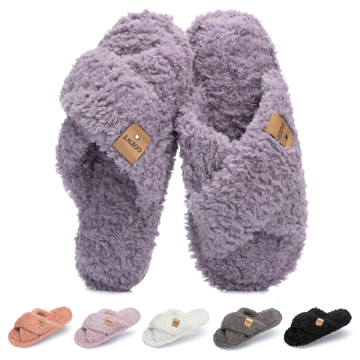 GOEWY Fuzzy Open Toe Slippers for Women Cozy Memory Foam House Shoes Indoor