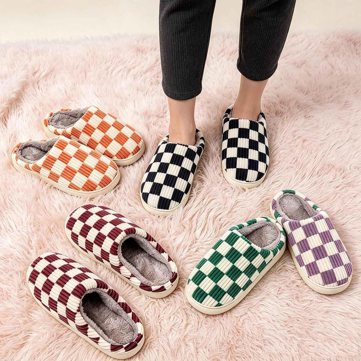 Checkered Slippers for Women and Men - Fuzzy House Slippers with Memory Foam, Comfy Plush Fluffy Indoor House Shoes, Cozy Warm Slip on Bedroom Slippers with Non-Slip Sole