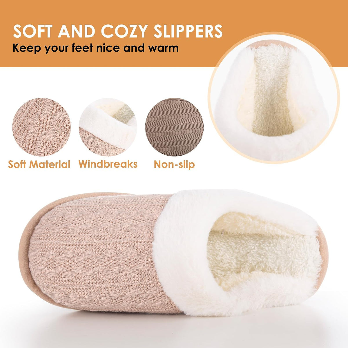 Women's Cozy Knit Slippers with Faux Fur Lining Memory Foam - Non-Slip Rubber Sole Indoor/Outdoor Winter House Shoes for Warmth and Comfort
