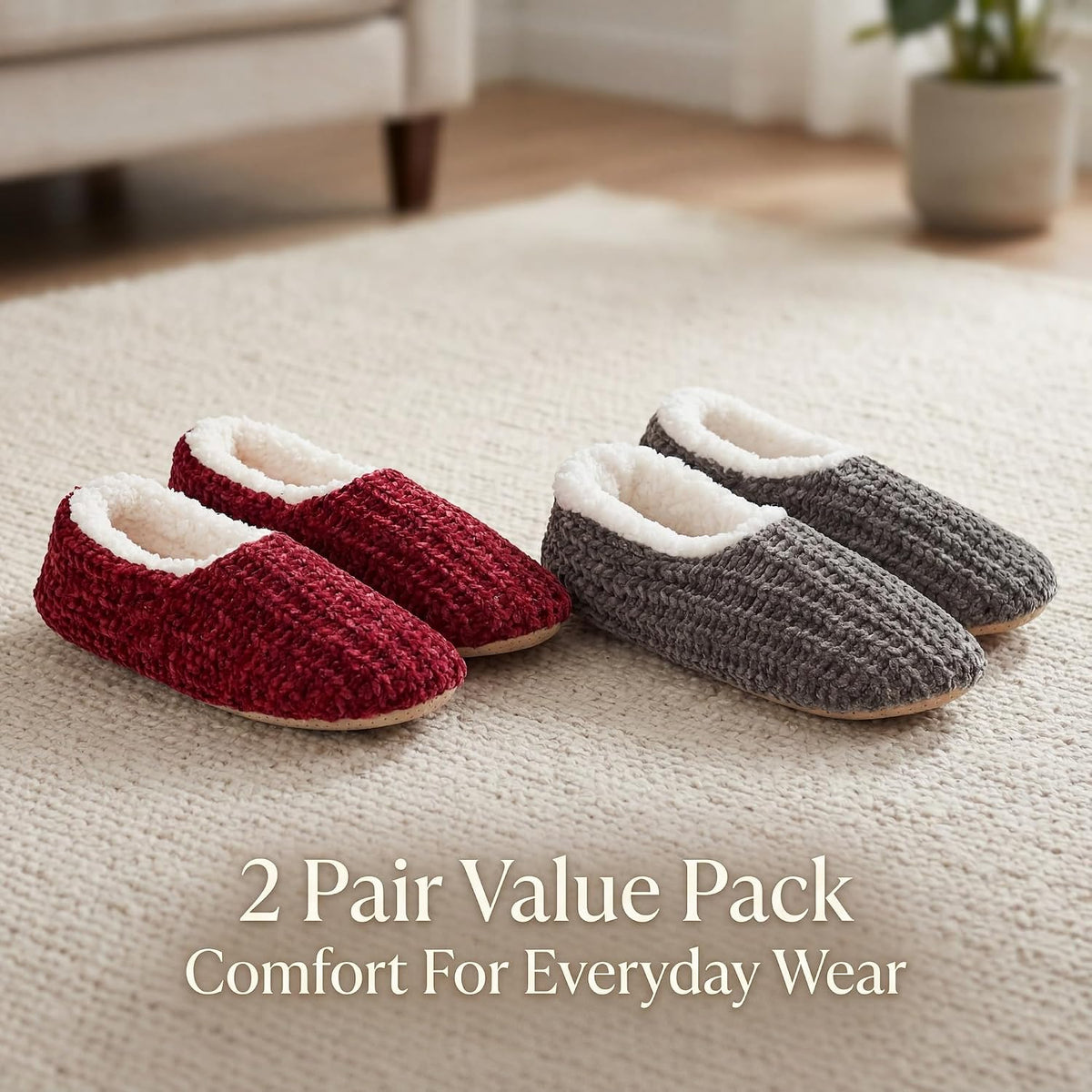 cosyone1997 Womens 2-Pair Knit Slippers Non Slip Slipper Socks