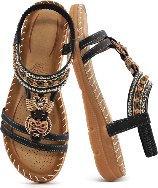 Aomigoct Sandals Women Flat Shoes: Dressy Summer Bohemian Flats Shoes for Women Sandals Comfortable Ankle Strap Outdoor Walking
