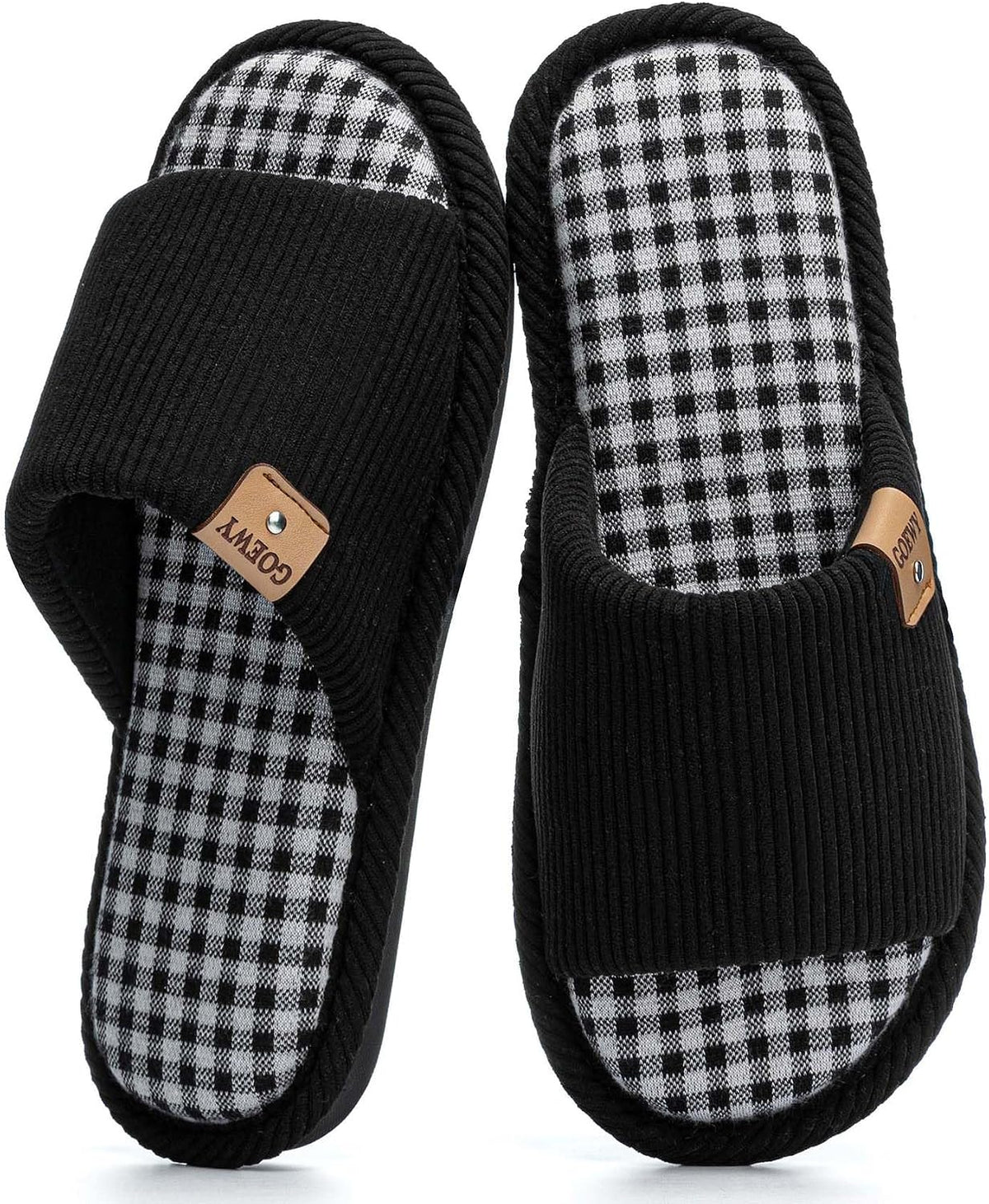 GOEWY Open Toe Corduroy Slippers for Women Memory Foam Casual House Shoes