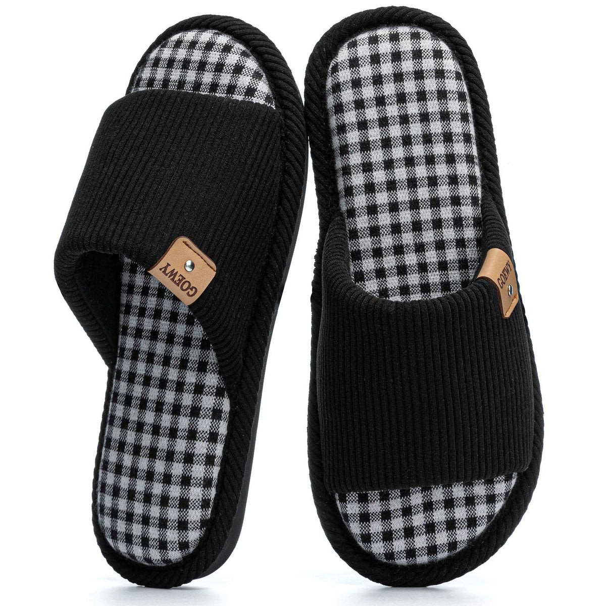 GOEWY Open Toe Corduroy Slippers for Women Memory Foam Casual House Shoes