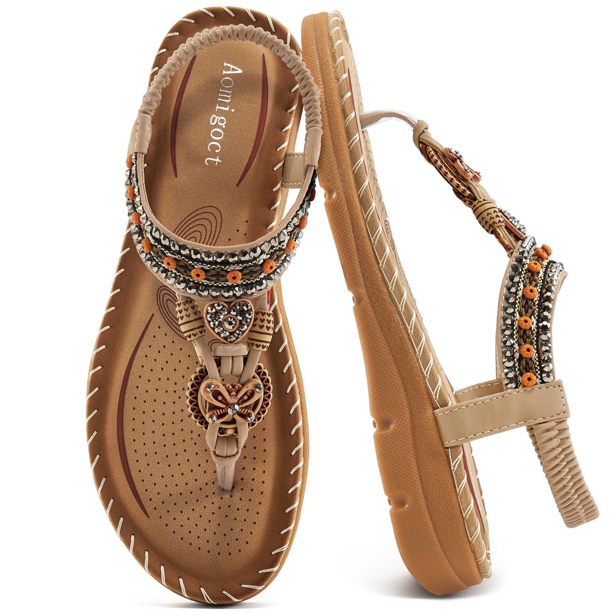 Aomigoct Sandals Women Flat Shoes: Dressy Summer Bohemian Flats Shoes for Women Sandals Comfortable Ankle Strap Outdoor Walking
