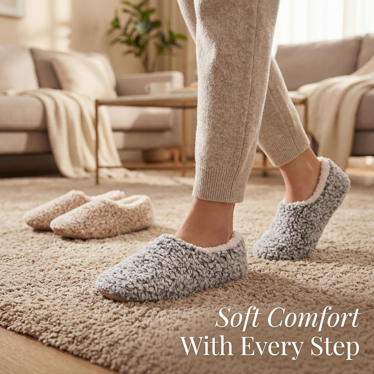 cosyone1997 Womens 2-Pair Fuzzy Slippers Indoor Non Slip Soft Sole