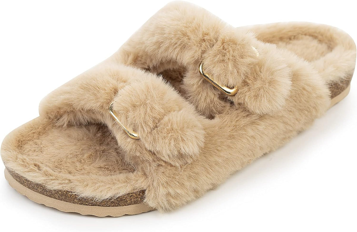 FITORY Womens Open Toe Slippers,Faux Rabbit Fur Cork Slides Sandals