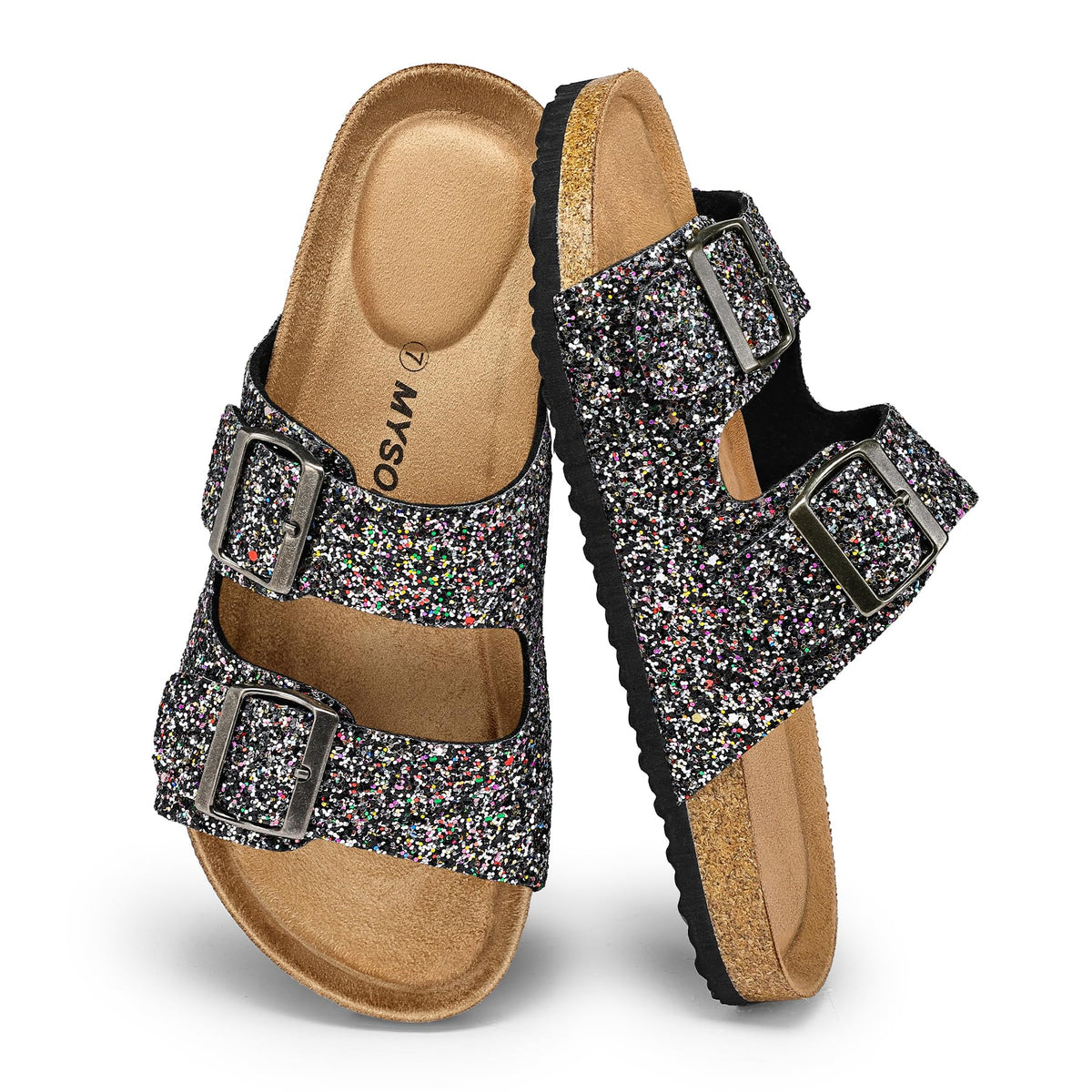 mysoft Womens Flat Sandals Cork Footbed Slides with 2 Straps
