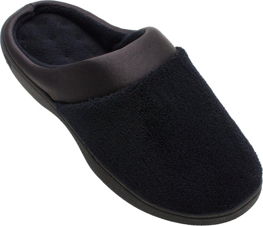 isotoner womens Terry and Satin Slip on Cushioned Slipper With Memory Foam for Indoor/Outdoor Comfort