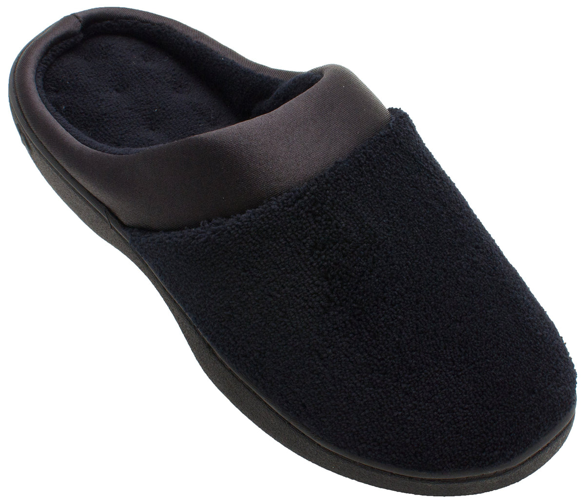 isotoner womens Terry and Satin Slip on Cushioned Slipper With Memory Foam for Indoor/Outdoor Comfort
